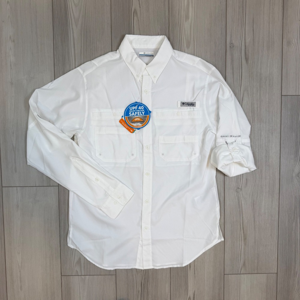 Columbia PFG Tamiami II Fishing Shirt Mens Small White Long Sleeve UPF 40 FO7253